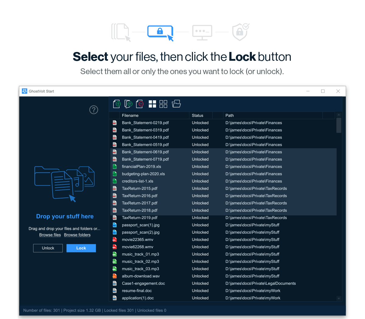 Selecting files in the GhostVolt Start window.