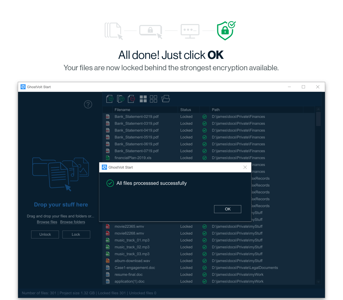 Oncreeen message announcing that files are now successfully locked under strong encryption.