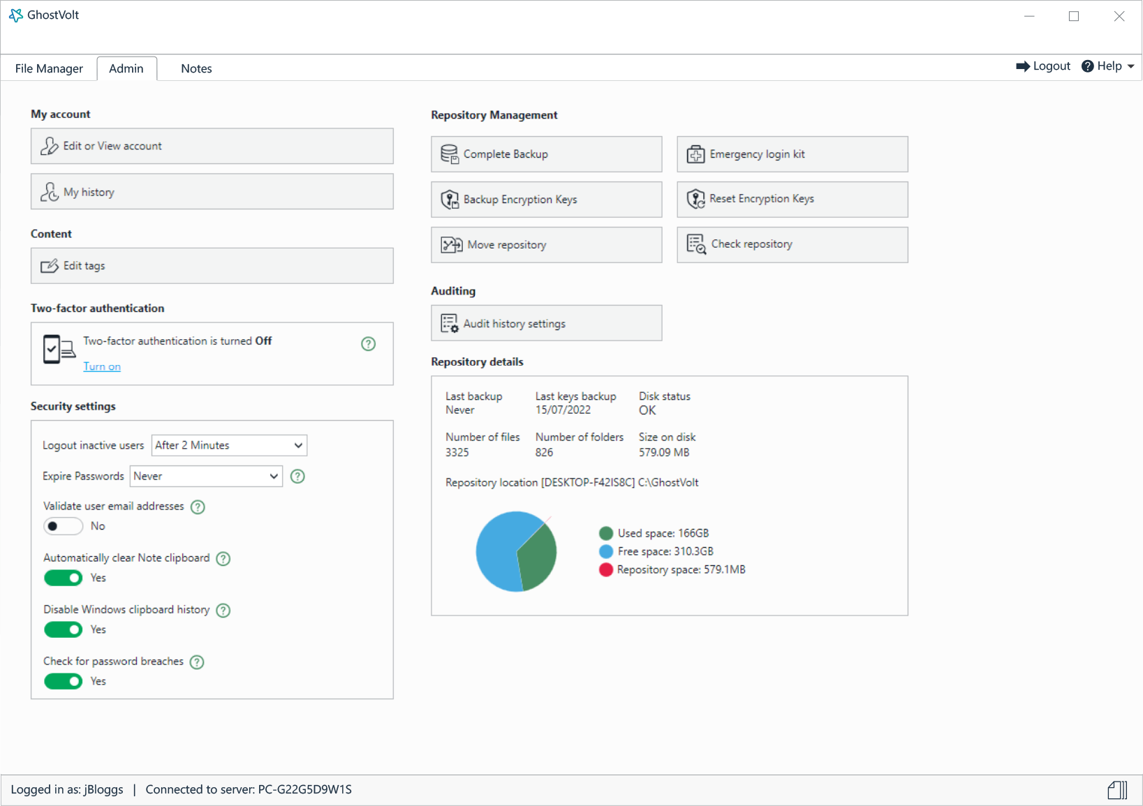 Administrator window with account settings, password recovery, key management, file tags, repository information and more.