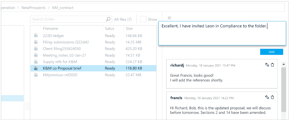 Adding comments to files that can be shared with other users to create a conversation thread.