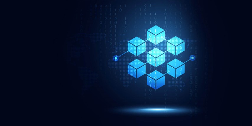 Conceptual image of a connected set of isometric blocks relating to the interdependent nature of the blockchain.