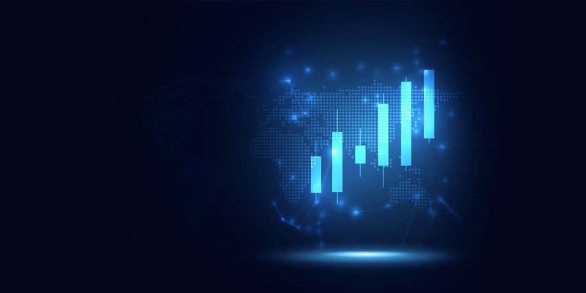 Conceptual image of a candlestick chart relating to the role of blockchain in finance and blockchain smart contracts.