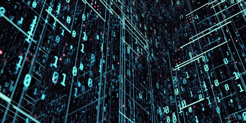 Illustration of a sample of machine code rendering across 3 dimentions, relating to quantum computing and cryptography.