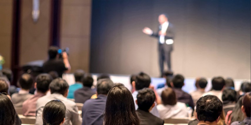 A speaker in front of an audience of cyber security professionals at the RSA Conference in San Francisco 2019.