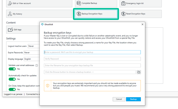 The Backup Encryption Keys window in Admin.