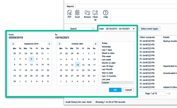 Filter the file audit by date range.