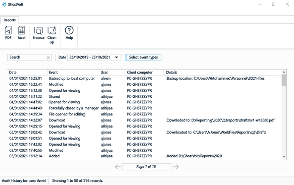 File audit window showing date and time, username, client machine, event type and more details.