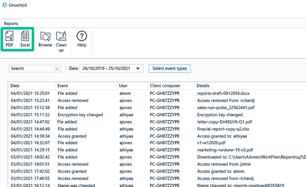 Export the folder audit report to PDF or Excel.