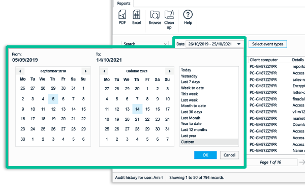 Filter the folder audit by date range.