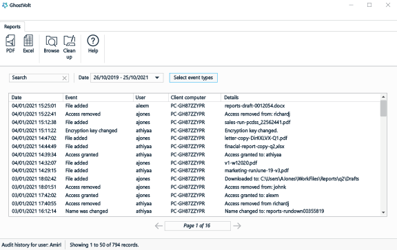 Folder audit window showing date and time, username, client machine, event type and more details.