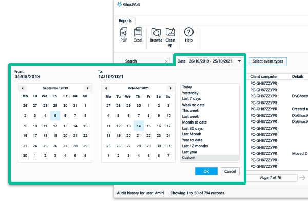 Filter User History reports by date range or trailing time period.