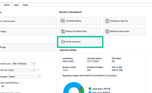 Click Move repository in the Admin window.