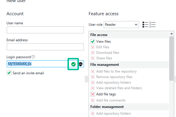 User password field with green check mark indicating a secure password entry.