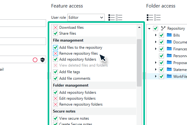 User custom permissions checkboxes.